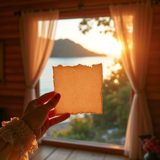 Cozy wooden cabin interior with large window. Warm golden sunlight fills the room. Vibrant autumn colors outside. Delicate curtain tied to the side. Feminine hand with red nails holds light-colored paper. Sun backlights the scene. Blurred beach and island visible in background. Dreamy atmosphere created by soft lighting and warm tones. Depth of field emphasizes details of cabin and landscape.