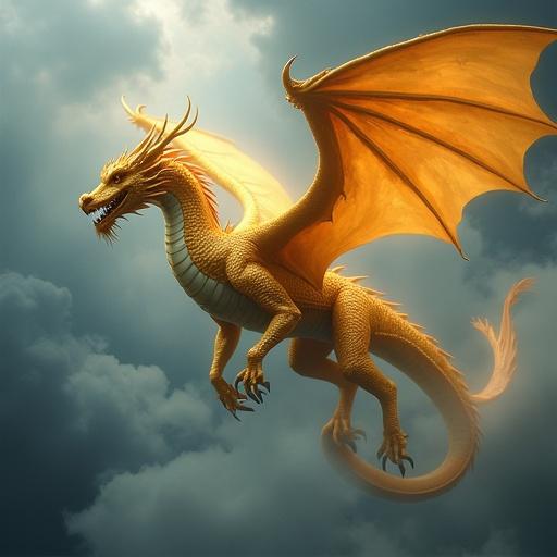 Majestic golden dragon soaring through storm-filled sky. Powerful presence and dynamic motion. Stormy clouds create a dramatic backdrop.