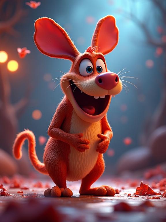 Cartoon character in a vibrant environment. Character with big ears and a smile stands with hands on belly. Colorful background with soft shadows and cinematic lighting.