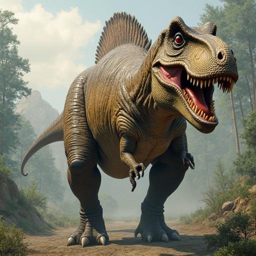Dinosaur named Tyrannosaurus rex shown in a forest setting. Large creature walking on two legs with sharp teeth and strong limbs. Surrounded by trees and mountains in a natural landscape.