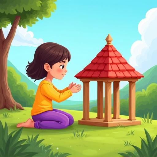 Cartoon style children's book cover illustration. A faceless girl with skin tone wearing a yellow top and purple skirt. Kneeling on green grass in a sunny setting. Building a small wooden house. Five large supporting pillars and a red triangular roof. Colorful, cheerful, playful style with bold lines and soft shading. Arabic-Islamic design elements. Empty space at the top for title placement.