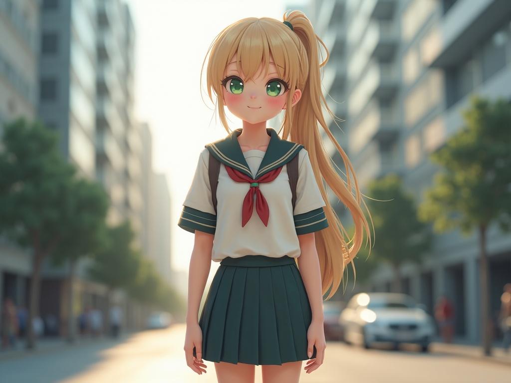 A cute teenaged girl with a long blonde ponytail and big green eyes. She has smooth pale skin and a cute smile. Dressed in a school uniform with short sleeves and an extremely short skirt. She stands shyly in a modern city, blushing, in a full body shot during sunset.
