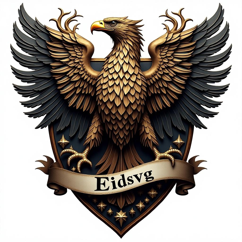 Decorated shield featuring the Eidsvåg family crest. Intricate designs with an eagle in the center. Norwegian forest elements are included. Reflective catch lights emphasize detail. Hyper detailed with rich contrast colors. Word Eidsvåg on a banner below the crest. PNG format with no background.