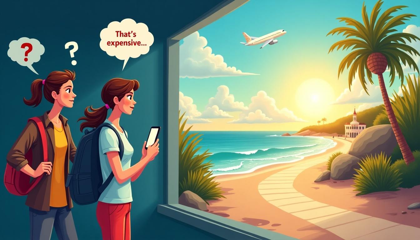 Illustration showing travelers looking troubled at a smartphone. Speech bubbles express concerns about expenses. On the right, the mood shifts to excitement with an inviting travel destination in view. Bright colors create a hopeful ambiance.