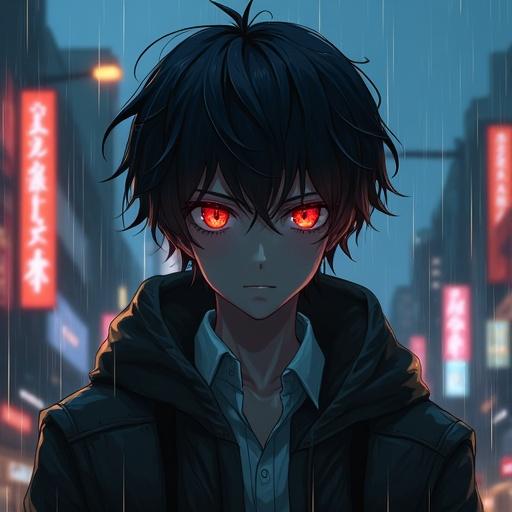Create a dark vibe anime boy with intense red eyes. Background features a rainy Japanese city with neon lights.