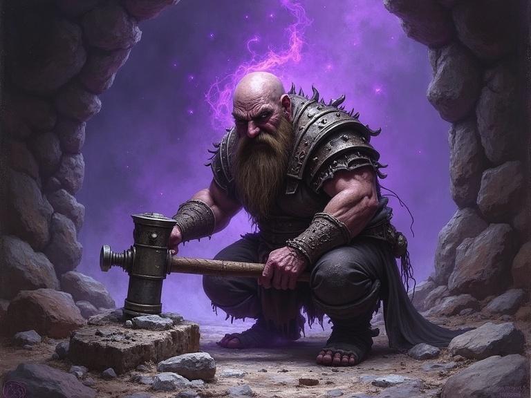 Painting depicts a malevolent dwarf artificer named Kherab in the caves of Darkforge. He hammers steel while a purple aura glows around him. The setting is dark and mystical with chaotic energy surrounding him.