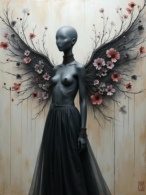 This image depicts a faceless figure adorned with sculptural wings made of branches and flowers. The figure wears a charcoal high neck dress. The background features a textured abstract design with shades of silver and copper. The overall artwork conveys a poetic and ethereal feel.