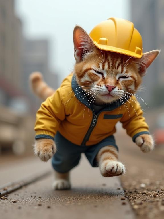 Realistic cat wearing helmet and clothes on a construction site running on the construction site with a tired look side view left-facing Genba Neko style.