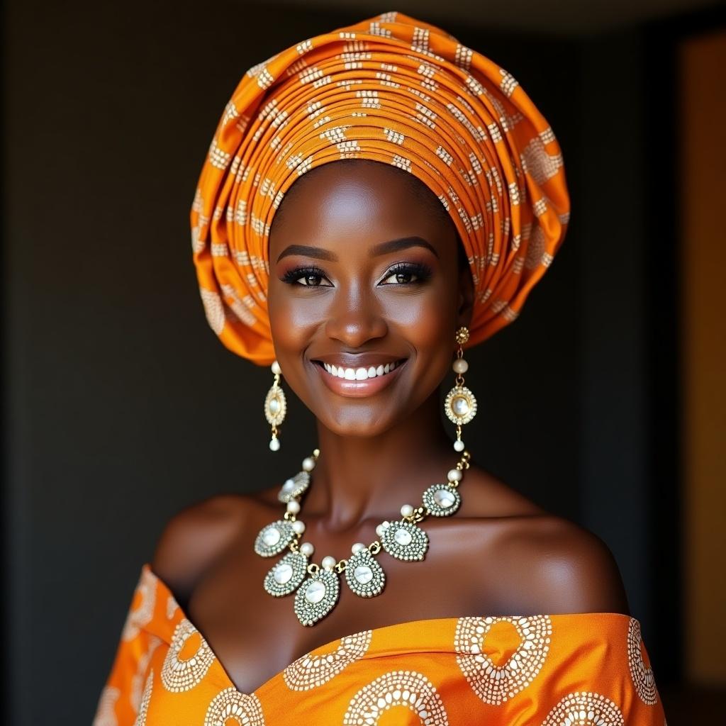 A beautiful Nigerian princess smiling elegantly. Dressed in traditional attire and jewelry with a striking headwrap. Portrait reflects cultural heritage and beauty.