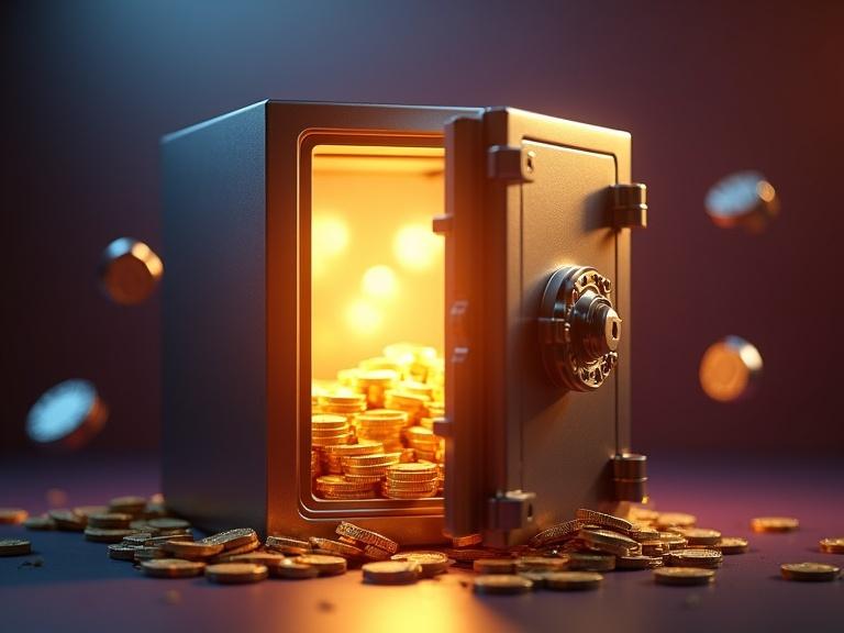 3D rendered security vault with metallic surfaces and circular lock. Low-angle perspective with slightly open door. Fiery golden light pouring out. Stacked golden coins glow brightly. Floating poker chips spin in the air. Dramatic shadows and reflective highlights created by artificial lighting. Background transitions from deep blue to rich purple. Shallow depth of field keeps vault in focus, blurring chips and background.