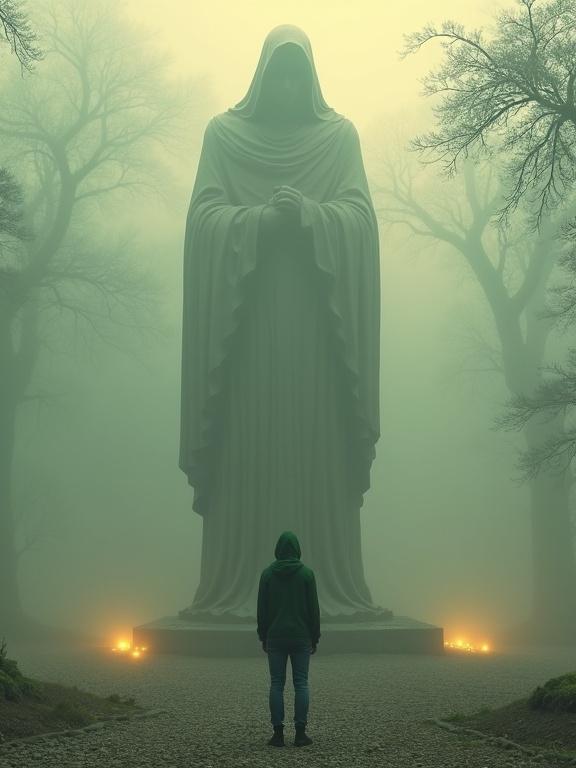 Misty landscape featuring a colossal statue of a cloaked figure. A person in a green hoodie looks at the statue. Soft golden glow fills the scene. Ground has smooth pebbles and glowing orbs.