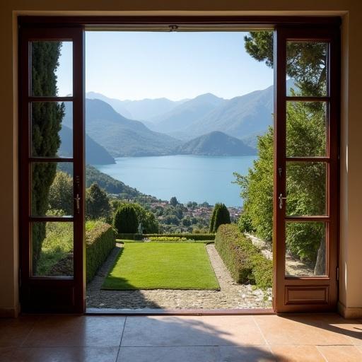 Panoramic view from inside a room of Villa del Bianbanello overlooking Lake Como