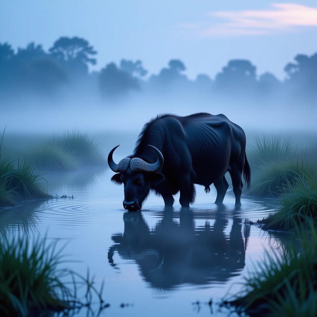 Wild water buffalo in foggy evening marsh. Water buffalo drinking from water. Professional wildlife photograph. Captured by Luis Royo, WLOP, Artgerm Lau, Anne Stokes. Image features vibrant deep colors.