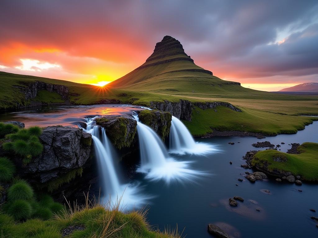 Iceland landscape in spring during sunset featuring the iconic Kirkjufell mountain. The scene captures the serene beauty of the waterfall cascading down the rocks, surrounded by lush green grass. A vibrant orange hue from the setting sun reflects off the water, creating a stunning contrast with the dark clouds overhead. In the background, the picturesque shape of Kirkjufell rises majestically against the horizon. The peaceful water flows gently, enhancing the tranquil atmosphere of this natural wonder.