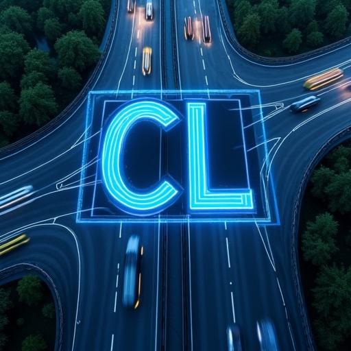 Aerial view of a highway intersection forming a 'C' and 'L'. Modern cars are driving safely. Bright blue digital lines protect the vehicle paths. In the clear sky, 'CL Corretaje de Seguros' appears in solid 3D letters casting a soft shadow. The slogan 'Seguridad y Confianza' is in clear, modern typography. The image is photorealistic with blue and silver tones, conveying innovation, technology, and protection.