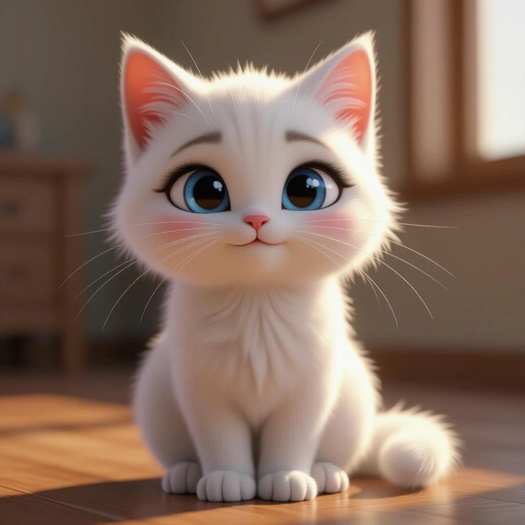 A cute white cat with blue eyes. The cat is blinking slowly and breathing gently. The fur is realistic and detailed. Soft shadows enhance the cat's features. The cat is an anthropomorphic character sitting down. The image has a cinematic animation style.