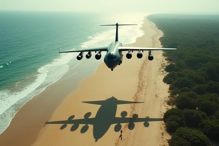 Aerial view of a massive military aircraft flying over the coastline. The plane has mounted machine guns and a dark metallic hull. Below, a beach is empty except for footprints leading to the water. The ocean reflects the aircraft's shadow, while the scene captures both beauty and military presence.