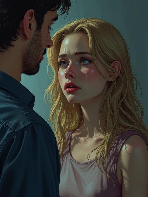 Romantic colored pen drawing shows a tearful teenage girl and a middle-aged man in a dark school office. The girl has blonde hair and is visibly upset, wincing and looking down. The man is off to the side. The scene conveys deep emotion.