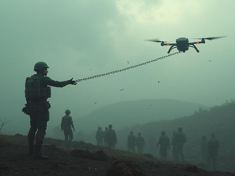 Futuristic scene of a soldier in a war-torn landscape reaching towards a drone. Foggy atmosphere with silhouettes of soldiers walking. Blurred civilians in the background. A broken chain symbolizes loss of human control over machines. Legal and ethical symbols faintly overlay the scene. Colors include gray, orange, and blue, creating a somber mood with cold precision of technology.