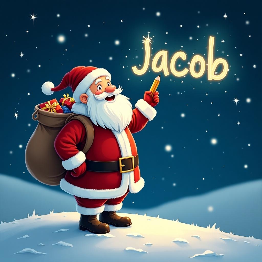 In a magical winter scene, a jovial Santa Claus stands on a snowy hill under a starry night sky. He holds a pencil, gazing upward as he writes children's names in the sky. Dressed in his classic red and white suit, he carries a large sack filled with gifts. The beautiful night is bright, accented by twinkling stars surrounding him. The name 'Jacob' is whimsically displayed in the sky, enhancing the festive vibe of the image.