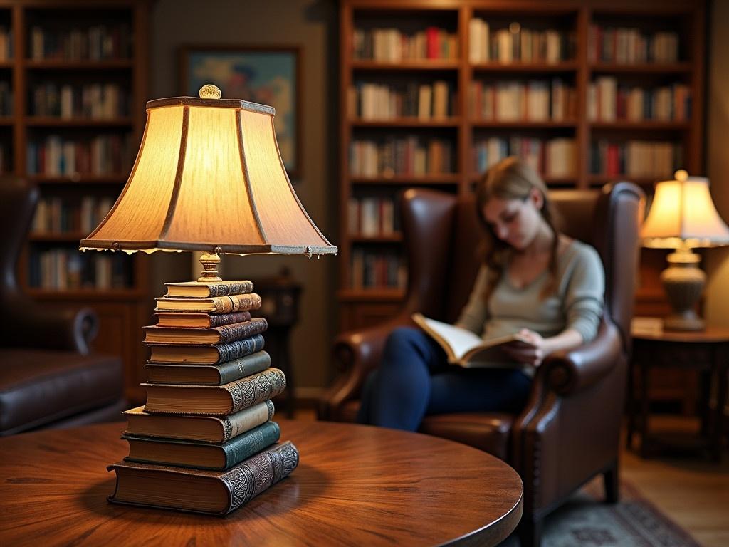 The image shows a cozy and sophisticated living space filled with books. A stylish lamp shaped like a stack of antique books stands prominently on a wooden table. It features an intricately designed base and a lampshade made up of book spines, which adds an artistic touch to the room. In the background, there is a comfortable leather armchair occupied by a person reading a book, surrounded by shelves filled with more books. The room is well-lit and has a pleasant ambiance, suggesting it is a perfect place for reading and relaxation.