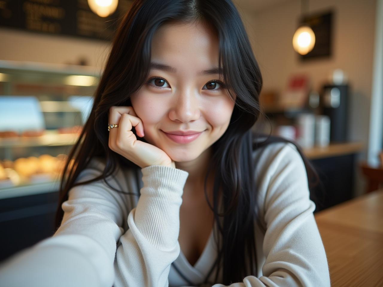 Close-up portrait of a young woman with long dark hair, fair skin, and dark eyes. She is resting her chin on her hand, propped up on a table. Wearing a light-colored long-sleeved v-neck shirt, she is in a casual setting. Behind her, a bakery or cafe display case is slightly out of focus, showcasing pastries behind glass. The lighting is bright and typical of an indoor space. The atmosphere is relaxed and candid, resembling a selfie. The focus is on the woman, with some detail on her hand and arm.