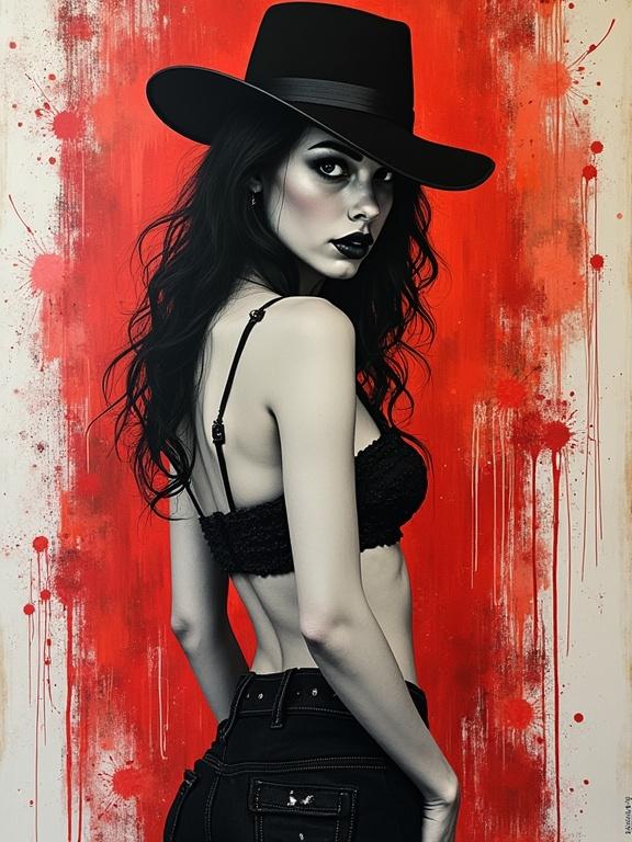 A woman in a provoking pose wearing a black top and hat against a red splattered background. Stunning mix of textures and colors. Dutch angle perspective highlights her form.