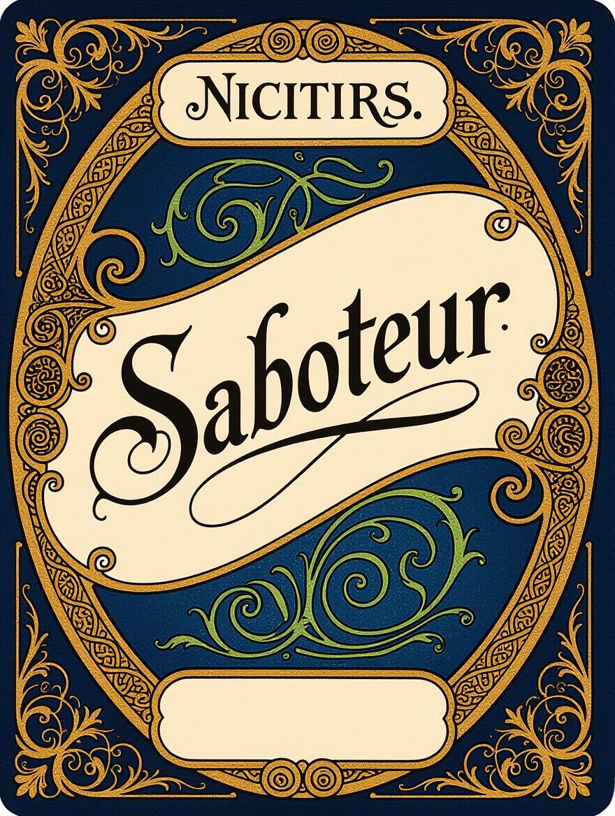 An ornate card features the word 'Saboteur' in elaborate calligraphy. The design is inspired by Art Nouveau style. The color scheme includes dark blue and gold accents.