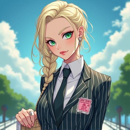 Anime illustration of a 29 year old woman with emerald green eyes and light blonde French braid. Dressed in an elegant striped suit and tie. Inside a modern Kamakiri Industries building. Joyful summer morning scene. Employees around her bowing. Handsome features and luxurious accessories.