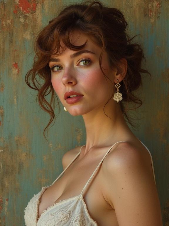 A hyper-realistic pin-up-style photograph captures a model in soft natural light. The model has curly hair and is wearing elegant earrings. The background shows an artistic textured wall.