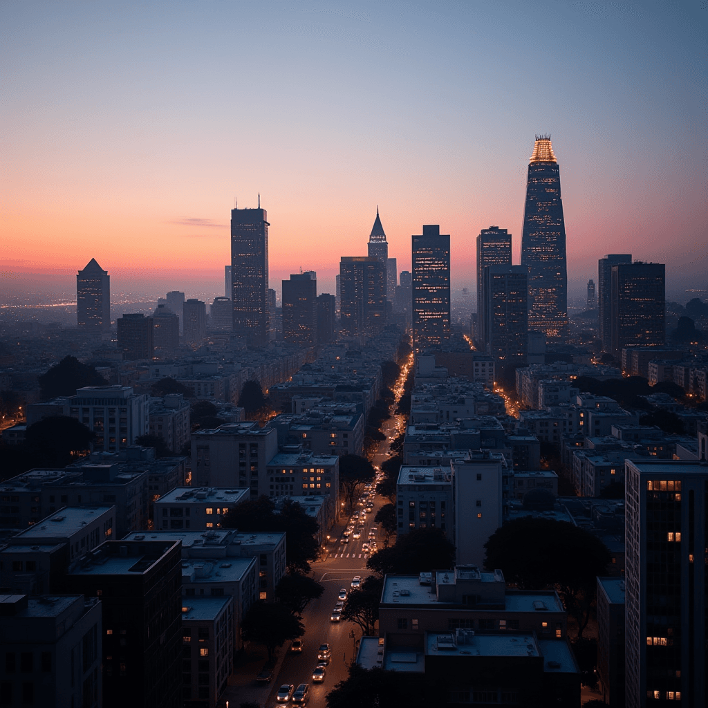 A bustling city skyline at sunset with vibrant colors and illuminated buildings.