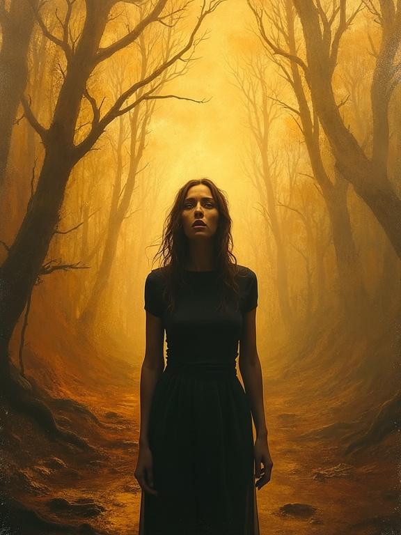 A figure stands in an eerie, swirling landscape. The figure shows deep disappointment and astonishment. Warm amber and gold colors blend with contrasts, casting a glow. Background features abstract moving patterns. 300 dpi. Ultra sharp texture. Masterpiece.