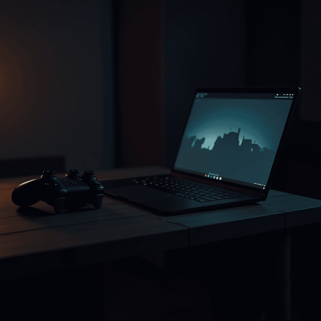 A dimly lit room with a sleek laptop displaying a cityscape silhouette, paired with a game controller on a wooden table.