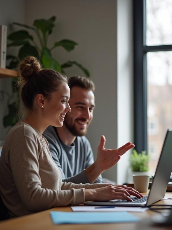 Man and woman work together in a home office. Woman shows project on laptop. Man has supportive behavior and smiles at her. Bright and inviting workspace with natural light.