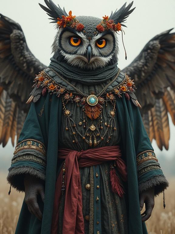 Character design of a wise anthropomorphic owl. Dark gray fur with Slavic robes. Wings instead of arms. Layered garments with embroidery and talismans. Floral wreath on head. Glowing eyes. Full-length portrait. Painterly textures and bold colors. Soft lighting and depth of field.