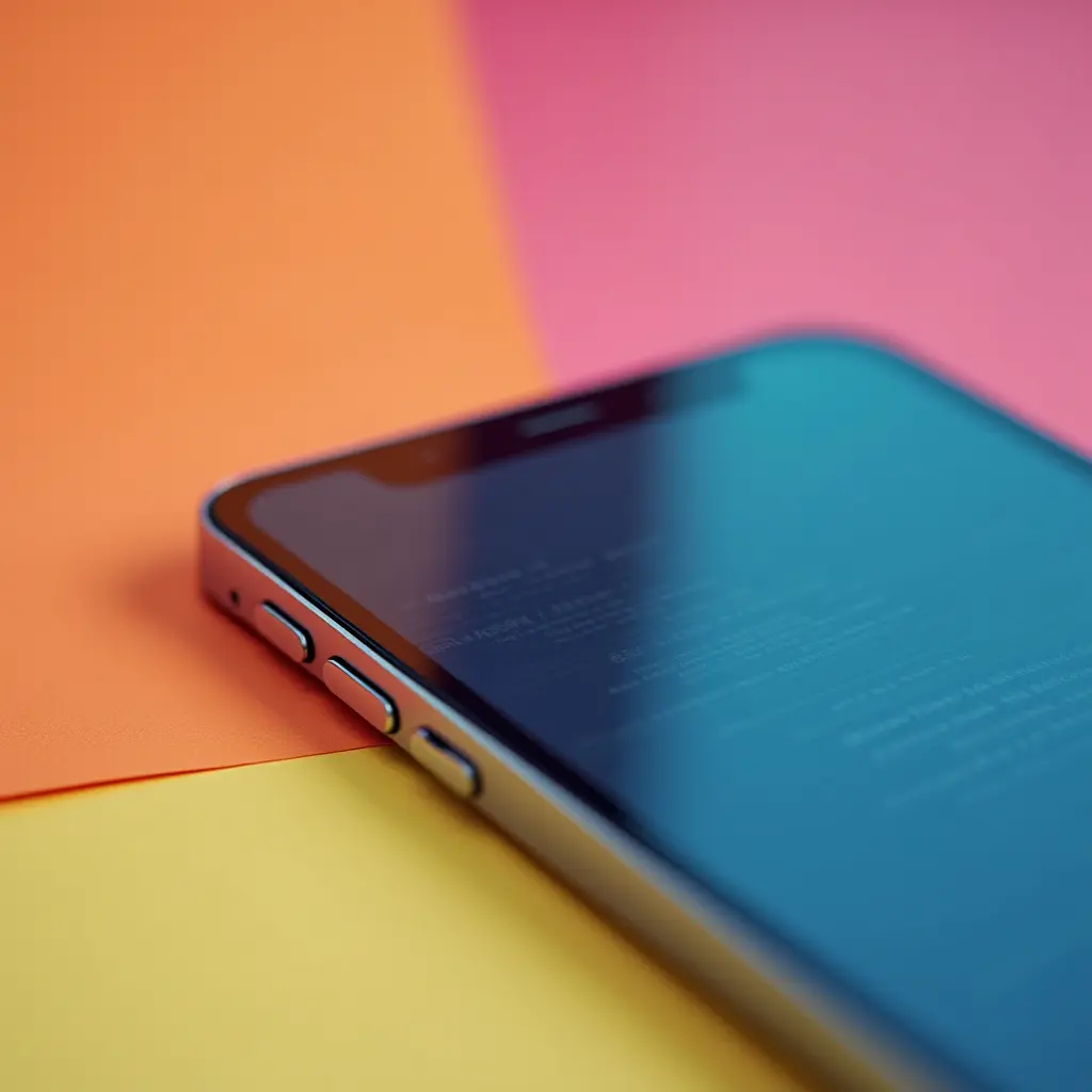 A close-up of a smartphone with a reflective screen, set against a vibrant background of overlapping orange, pink, and yellow papers.