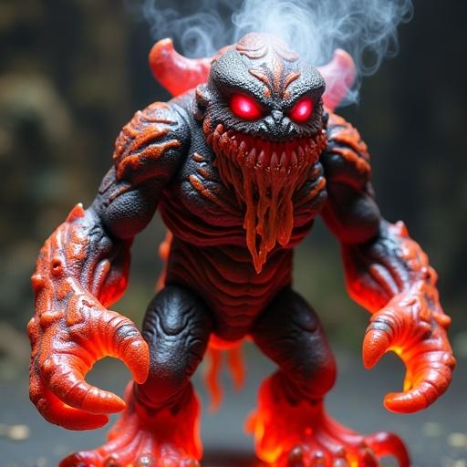 Design fantasy toy monster from Volcano Tribe. Semi-melted appearance. Lava dripping from body. Large clawed hands. Steam vents on shoulders. Face is volcanic mask. Smoke curls from mouth. Rigid pose collectible figure. Colors include magma red, obsidian black, glowing orange.