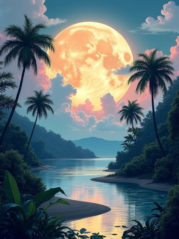 Large full moon above a tropical landscape. Textured moon surface with craters. Sky in dramatic colors from deep blue to pastel pink. Illuminated fluffy clouds near distant mountains. Reflective water body in center, transitioning colors. Lush palm trees line banks. Narrow sandy beach visible. Idealized fantasy atmosphere with organic shapes.
