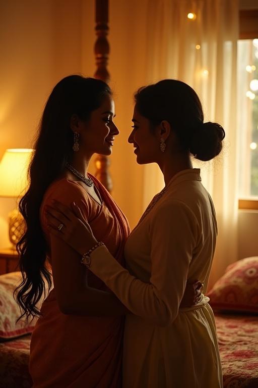 Romantic scene in softly lit bedroom. Couple gazes lovingly at each other. Man unties woman's hair bun. Woman wears saree, man in kurta. Warm golden light from lamps and fairy lights. Ethnic decor in the room. Tender connection with smiles and eye contact. Focus on hands and hair. Cinematic lighting creates soft shadows.