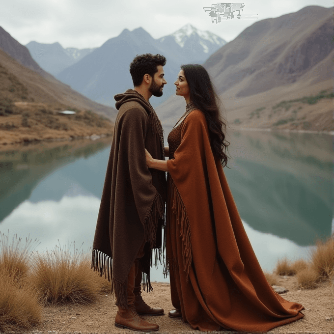 A couple in ponchos sharing an intimate moment, surrounded by a calm lake and mountain scenery.