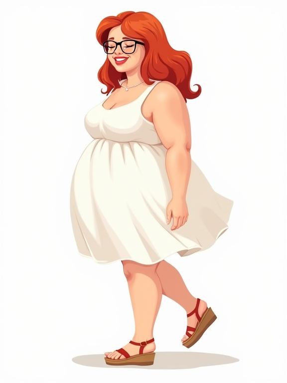 Vector art illustration of a full body girl. She is plump and wearing a white summer dress. The girl has red wavy hair and is wearing glasses. Her skin is pale with freckles and she wears wedge sandals. The girl is smiling, with her eyes closed, and appears to be walking. The view of the image is from the side.