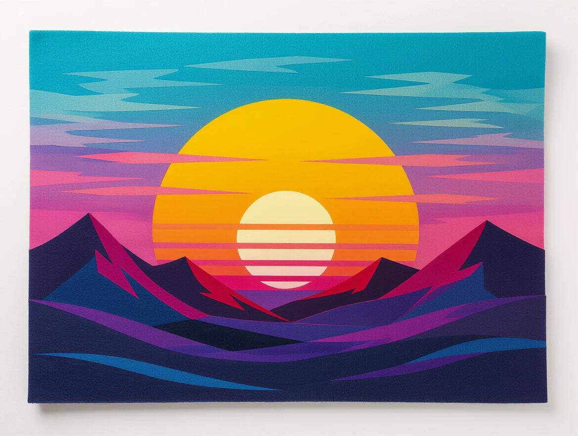 Felt art depicting a vibrant vaporwave sunset. A large yellow sun rises above purple mountains. The artwork features colorful gradients in shades of pink, teal and blue. The sun has horizontal lines inside it, echoing a retro style.