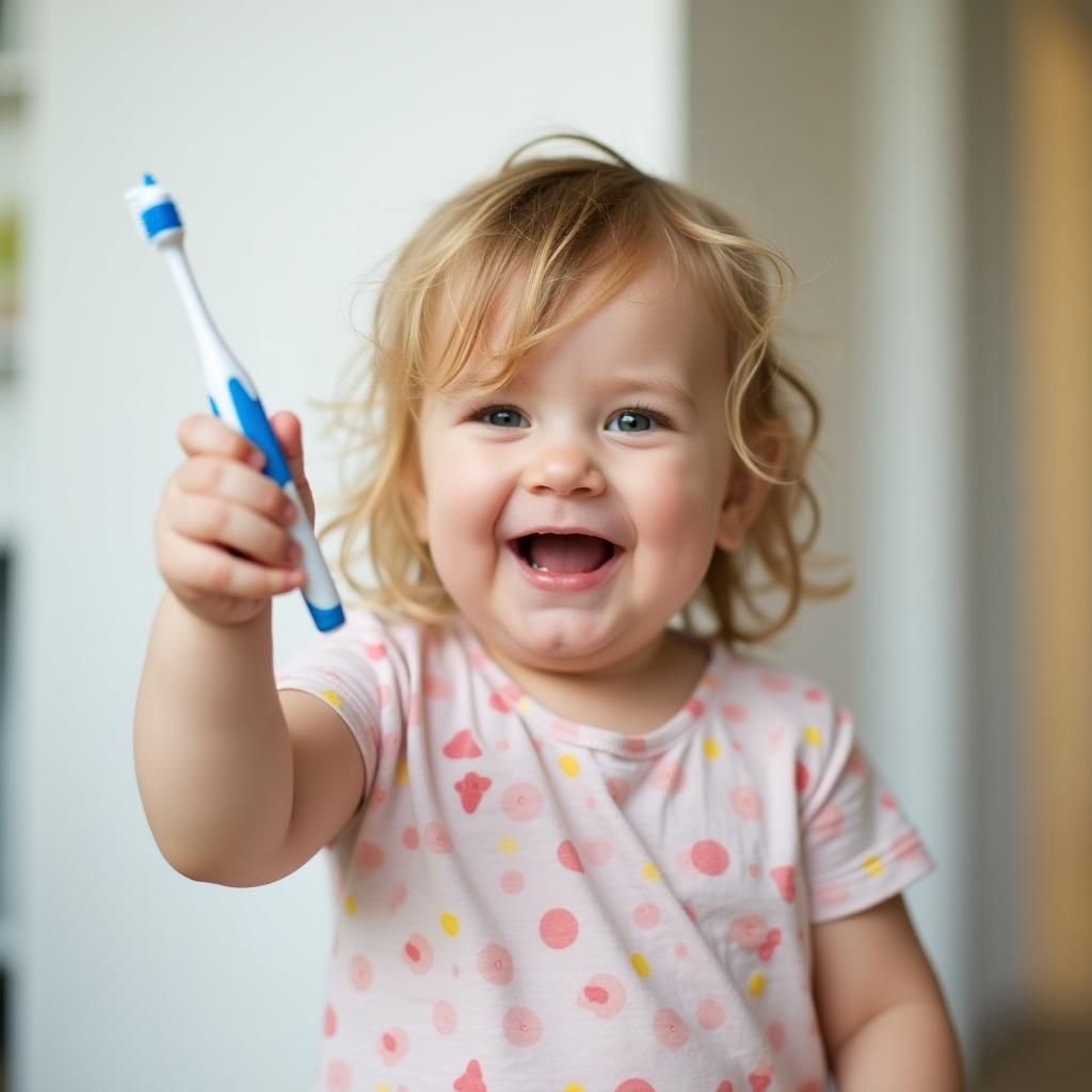 Smiling toddler holds a toothbrush. The child has curly hair. The setting is bright and inviting. The child wears a shirt with colorful dots. The toddler shows enthusiasm and happiness while holding the toothbrush.