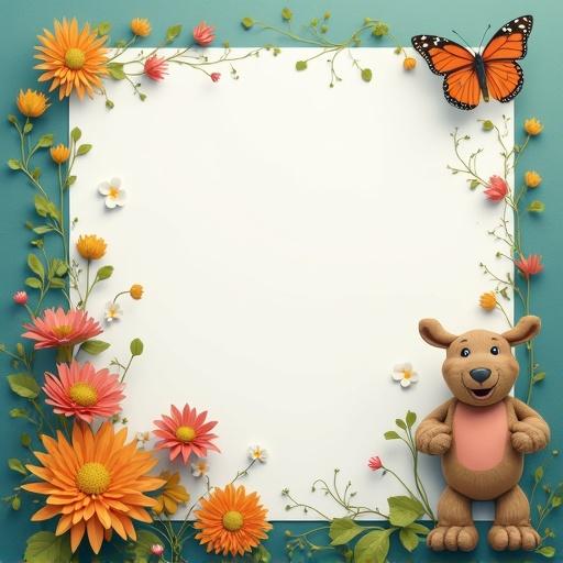 Background designed for a school album. The layout includes a cartoon bear. Bright flowers surround the image. A butterfly is placed at the top. The center of the image is left blank for text or photos.