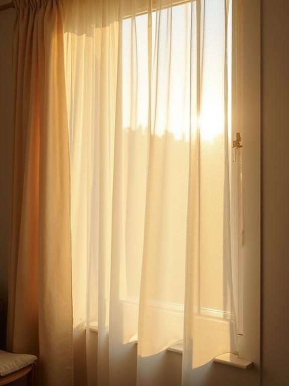 Soft morning sunlight streams through a window with gentle curtain movement. Light filters softly, creating a warm ambiance.
