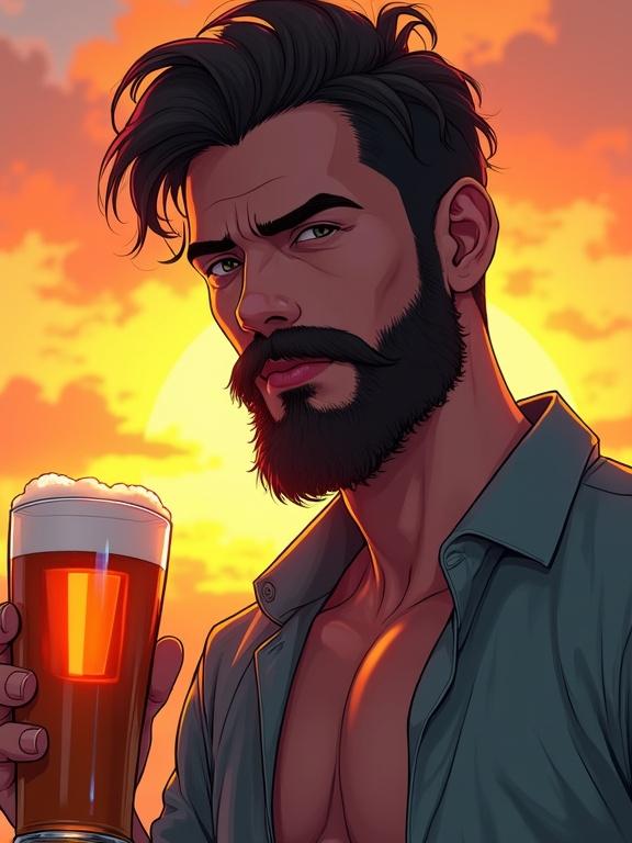Hand-drawn manhwa and comic art style. A bearded man with an open shirt. Holding a glass of beer. Sunset lighting creates dramatic shadows. Flat shadows used. Realistic proportions and vibrant colors. Cinematic composition in digital painting style.