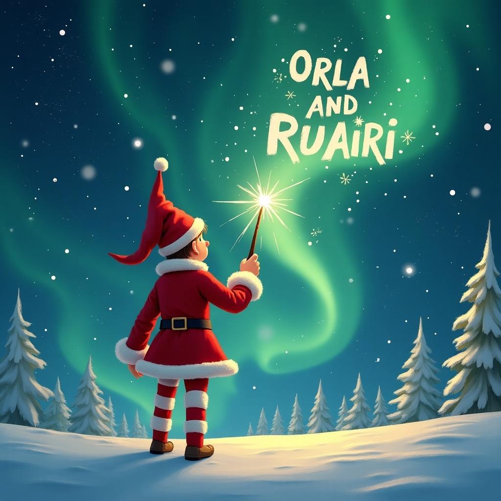 The image features a cheerful elf dressed in a red and white striped outfit, standing with their back to the viewer. The elf is holding a wand, using it to write the names 'Orla' and 'Ruairi' in the night sky. Behind the elf, a stunning display of Northern Lights fills the sky, casting a magical glow. The landscape is snowy, with evergreen trees surrounding the scene. The overall feel is festive and enchanting, perfect for the holiday season.