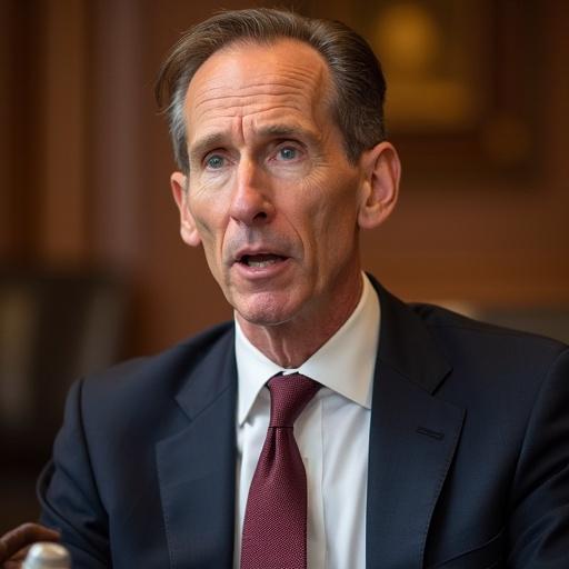 Close-up portrait of a man wearing a suit. He appears to be engaged in a discussion or giving a statement. Soft lighting illuminates his face. The background is neutral and slightly blurred.
