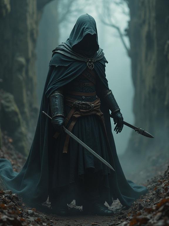 Photorealistic cinematic image depicting the birth of an assassin in a misty forest. A cloaked figure stands with weapons in a mysterious atmosphere.