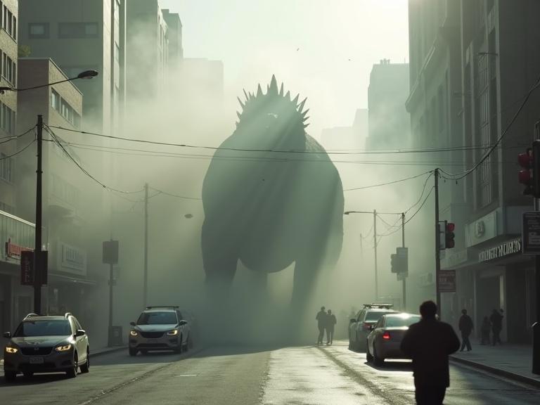 dark cinematic scene shows a giant dinosaur silhouette emerging from the ground in a foggy city street. People are running and cars are in traffic. Sun rays shaft through the smoke and dust.